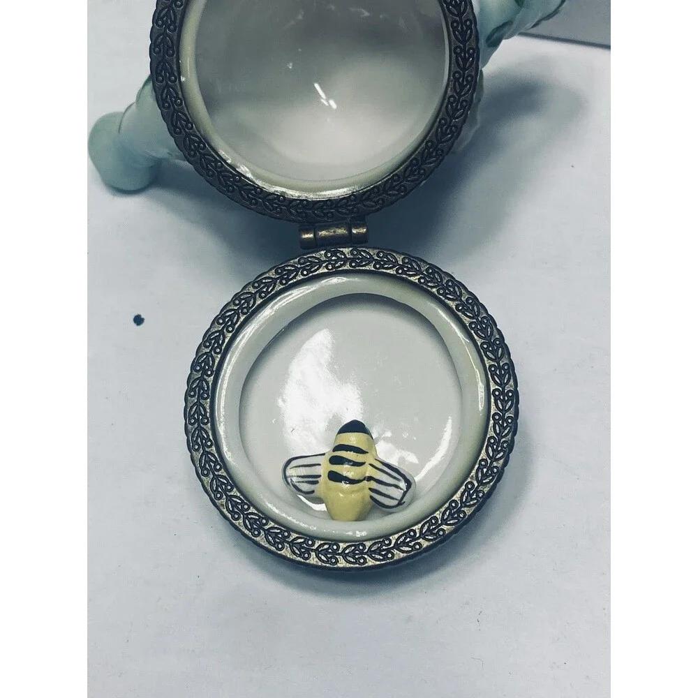 Vintage Porcelain Hinged Trinket Box Watering Can Hummingbird BumbleBee Flowers